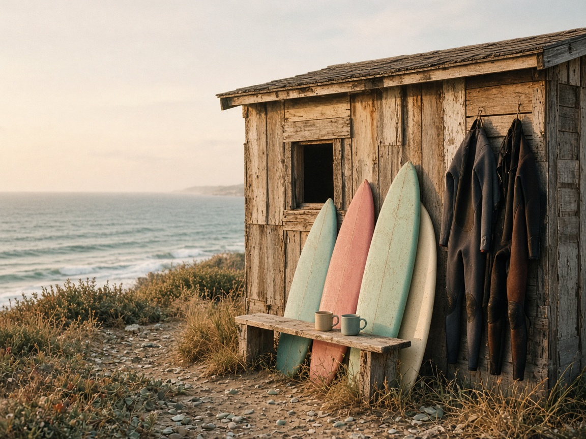 The Glasswater shack with soft-top surfboards and wetsuits drying